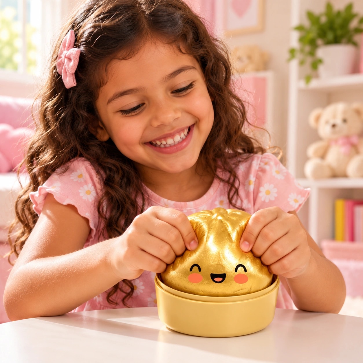 Menina apertando o Squishy Bun Brilho dourado na vaporeira