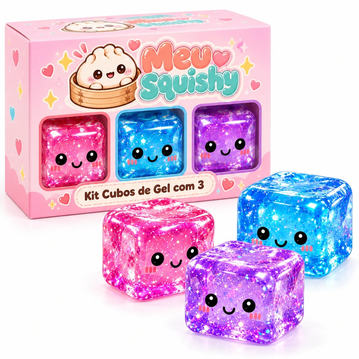 Embalagem do Kit Cubos de Gel com 3 ao lado dos cubos rosa, azul e roxo