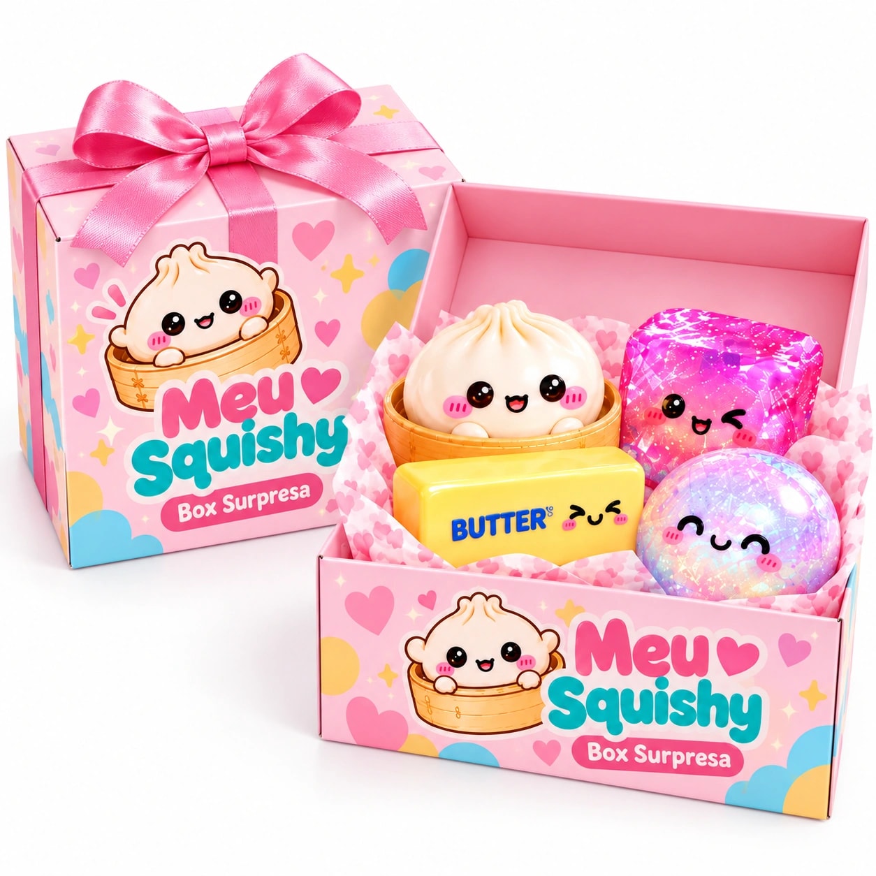 Box Surpresa fechado com laço ao lado da caixa aberta com os squishies
