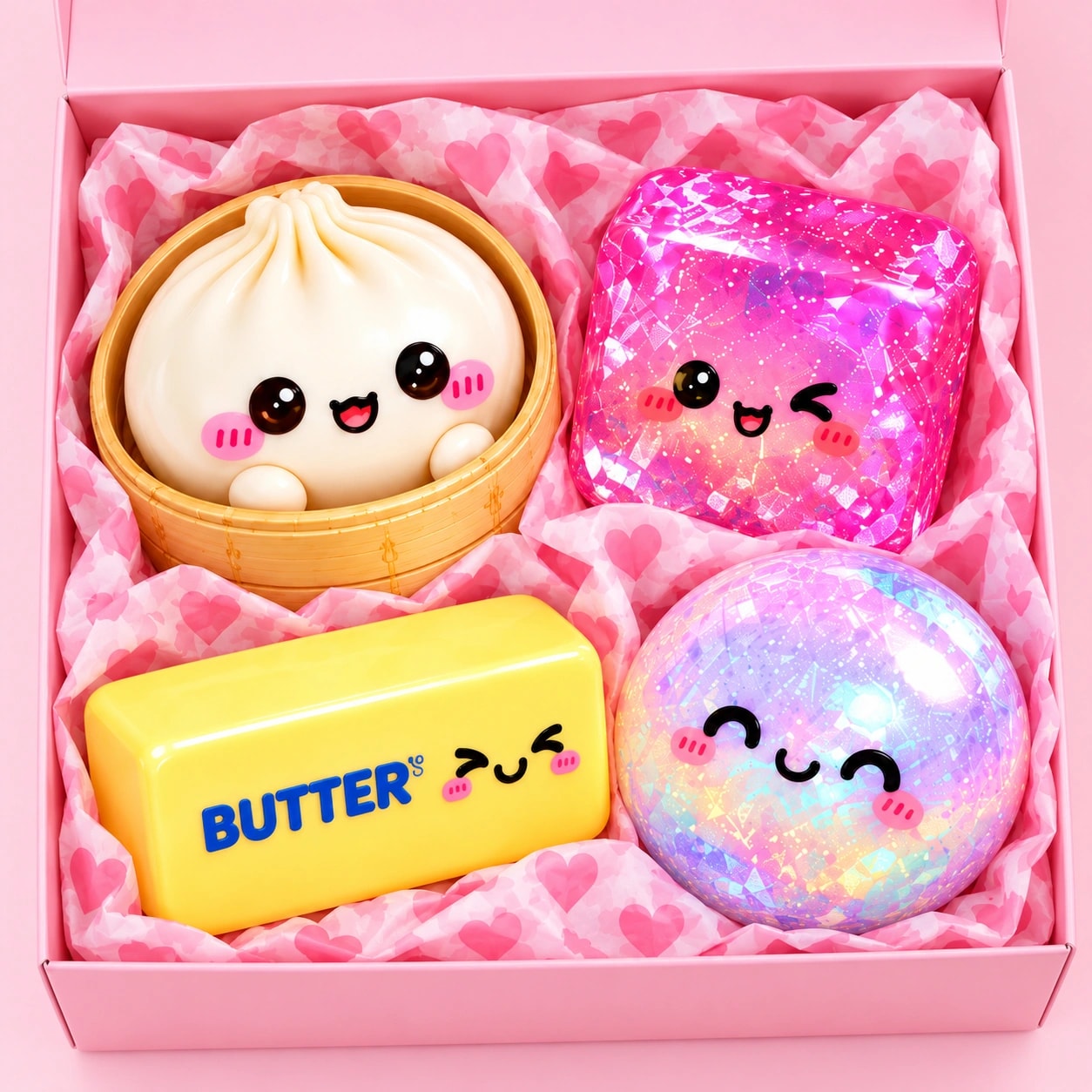 Box Surpresa visto de cima com bun, cubo de gel, manteiga e bola perolada