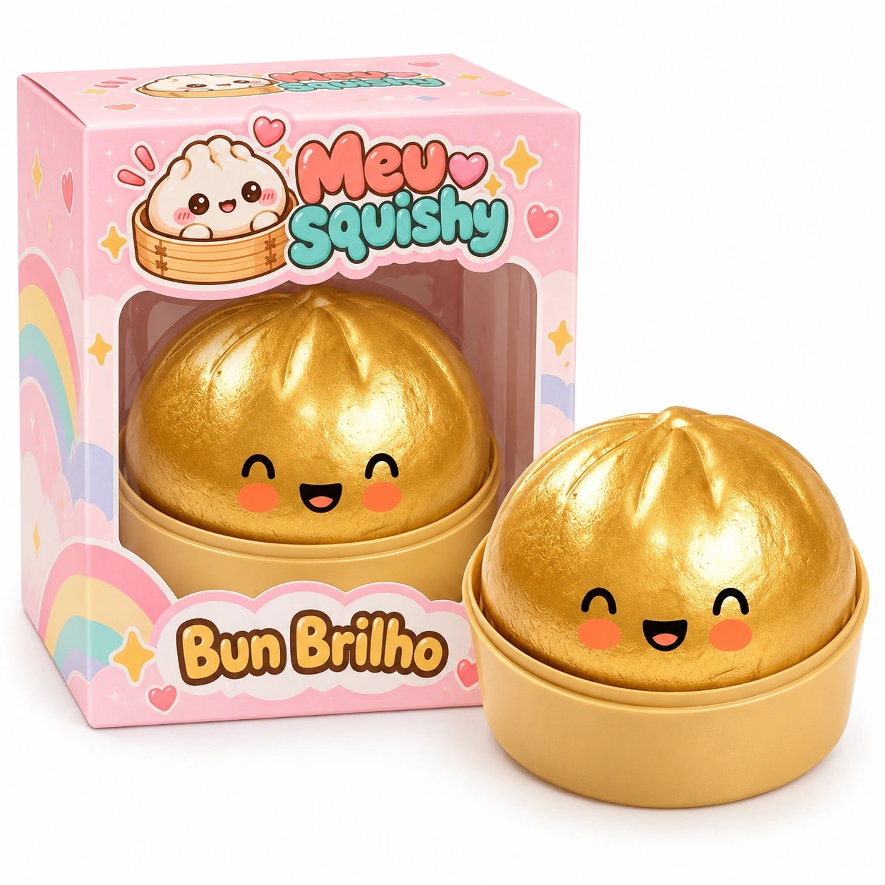 Embalagem do Squishy Bun Brilho ao lado do bun dourado na vaporeira