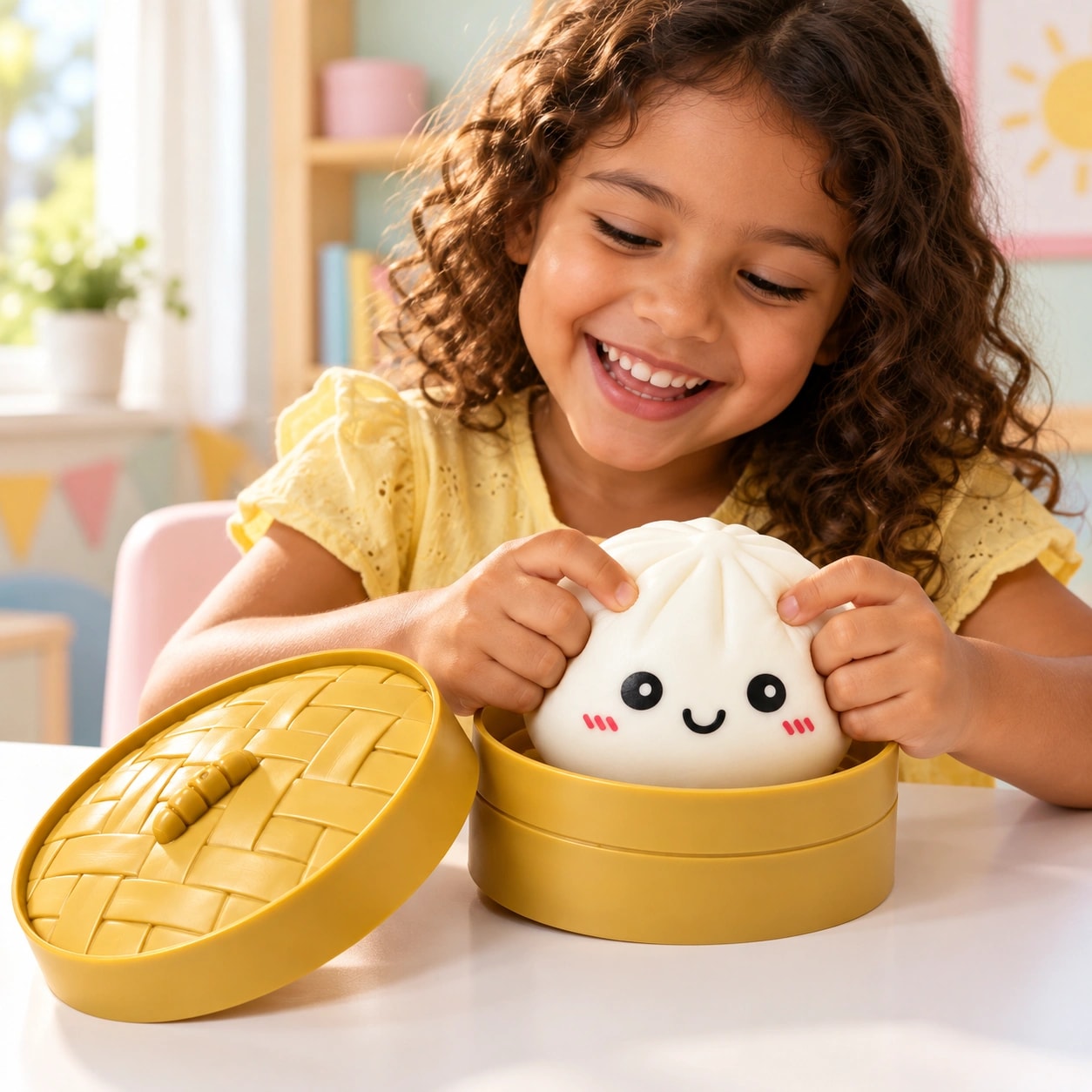 Menina sorrindo enquanto aperta o Squishy Bun Clássico na vaporeira