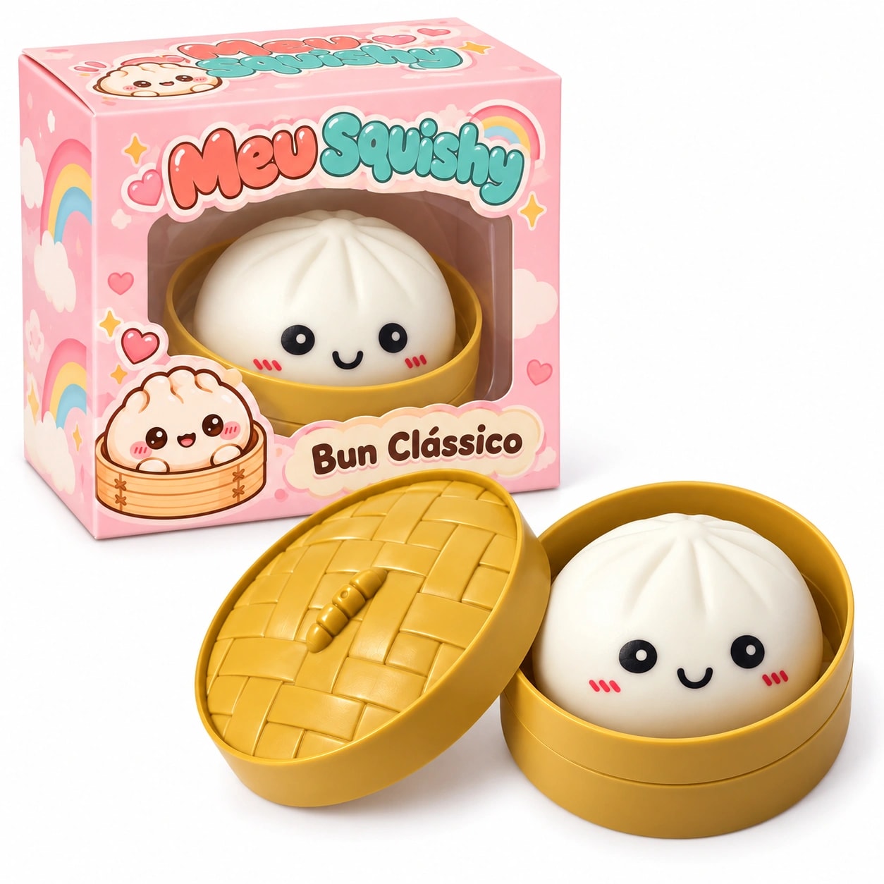 Embalagem do Squishy Bun Clássico ao lado do bun na vaporeira aberta