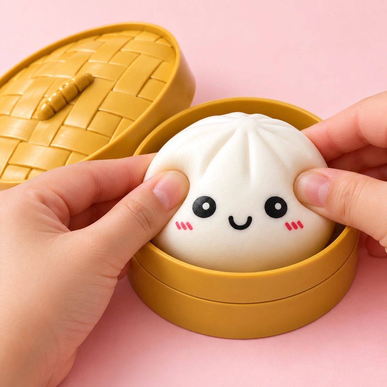 Mãos apertando o Squishy Bun Clássico dentro da vaporeira