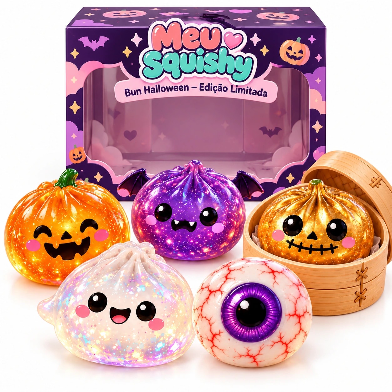 Embalagem do Bun Halloween Edição Limitada com os cinco personagens à frente