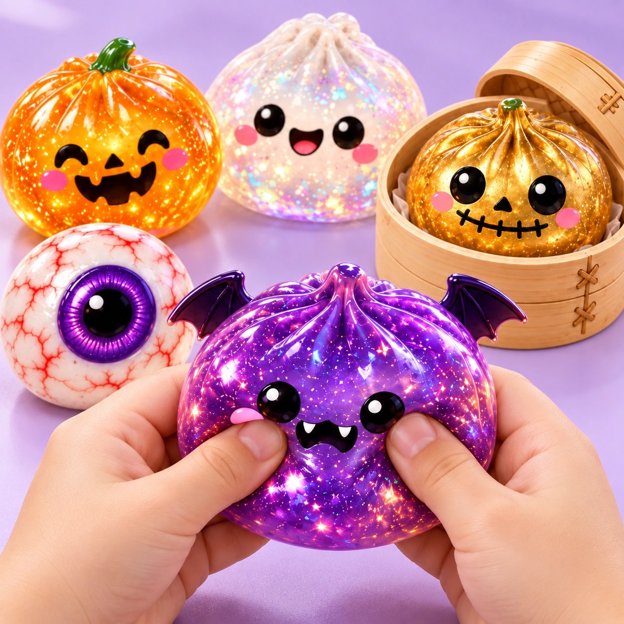 Mãos apertando o Bun Halloween morceguinho roxo