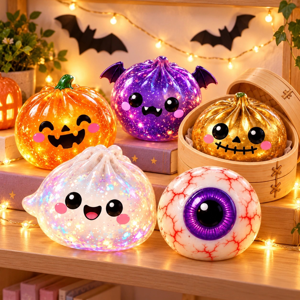 Buns Halloween enfeitando uma estante com luzinhas