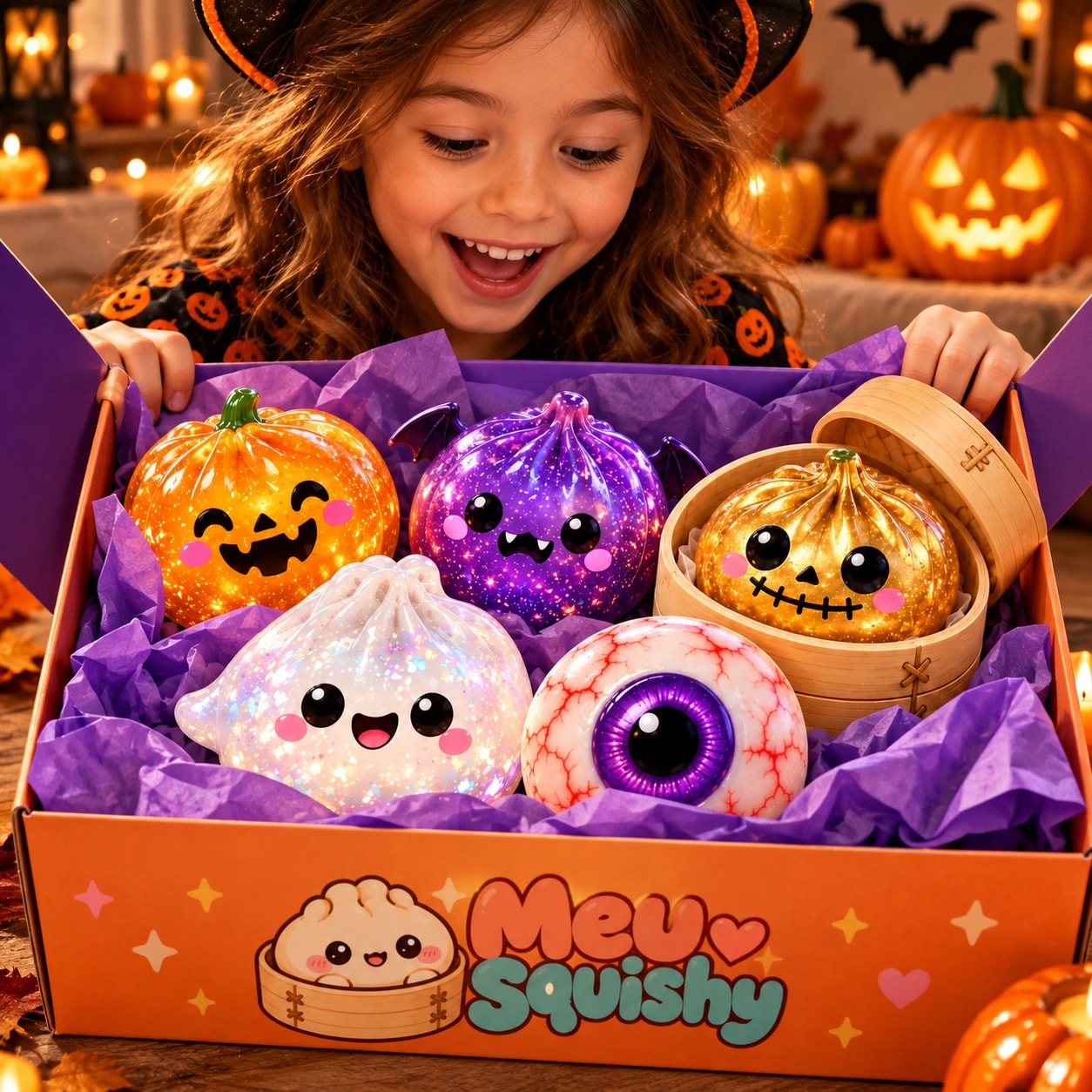 Menina abrindo uma caixa com os cinco Buns Halloween