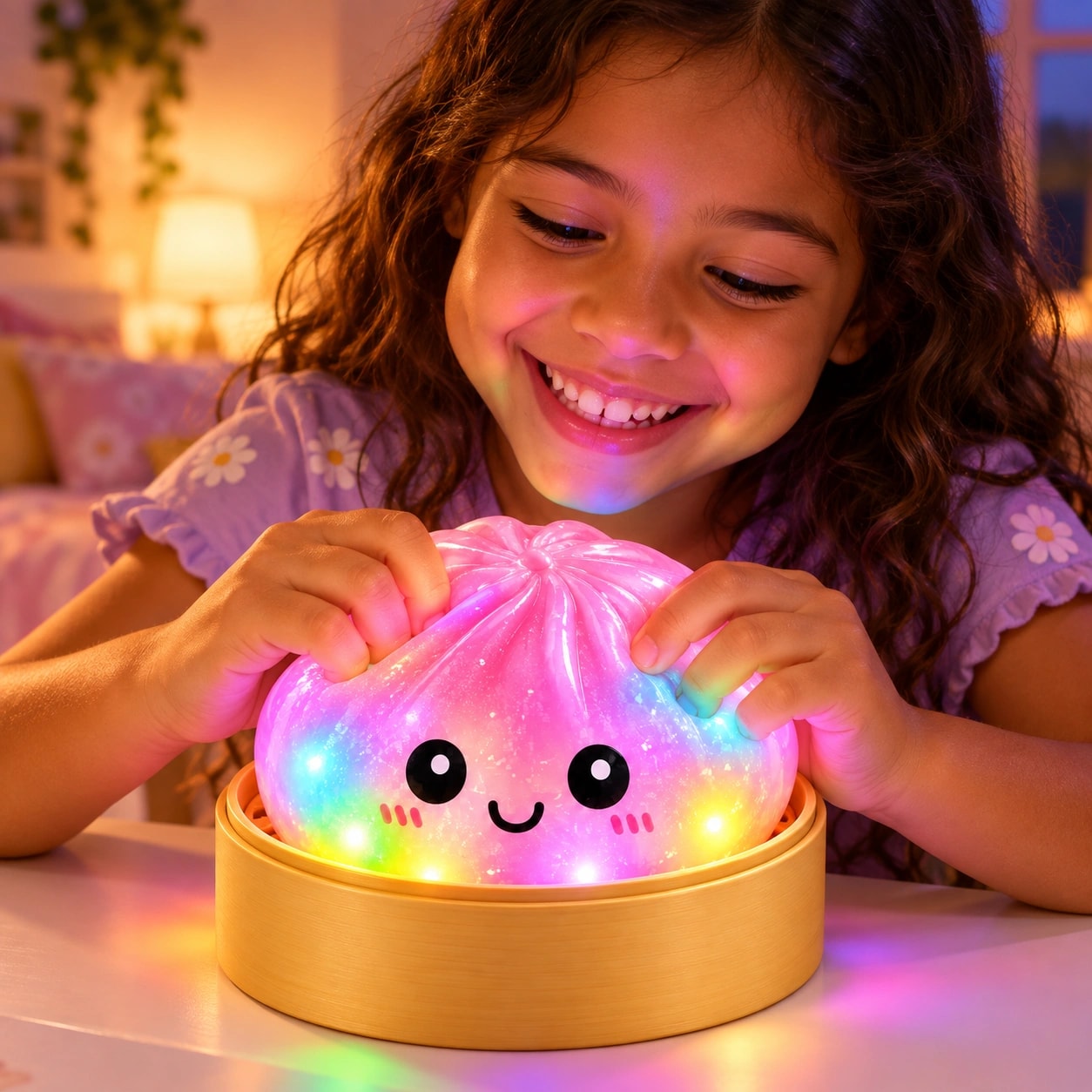 Menina encantada apertando o Squishy Bun Luz Arco-íris aceso