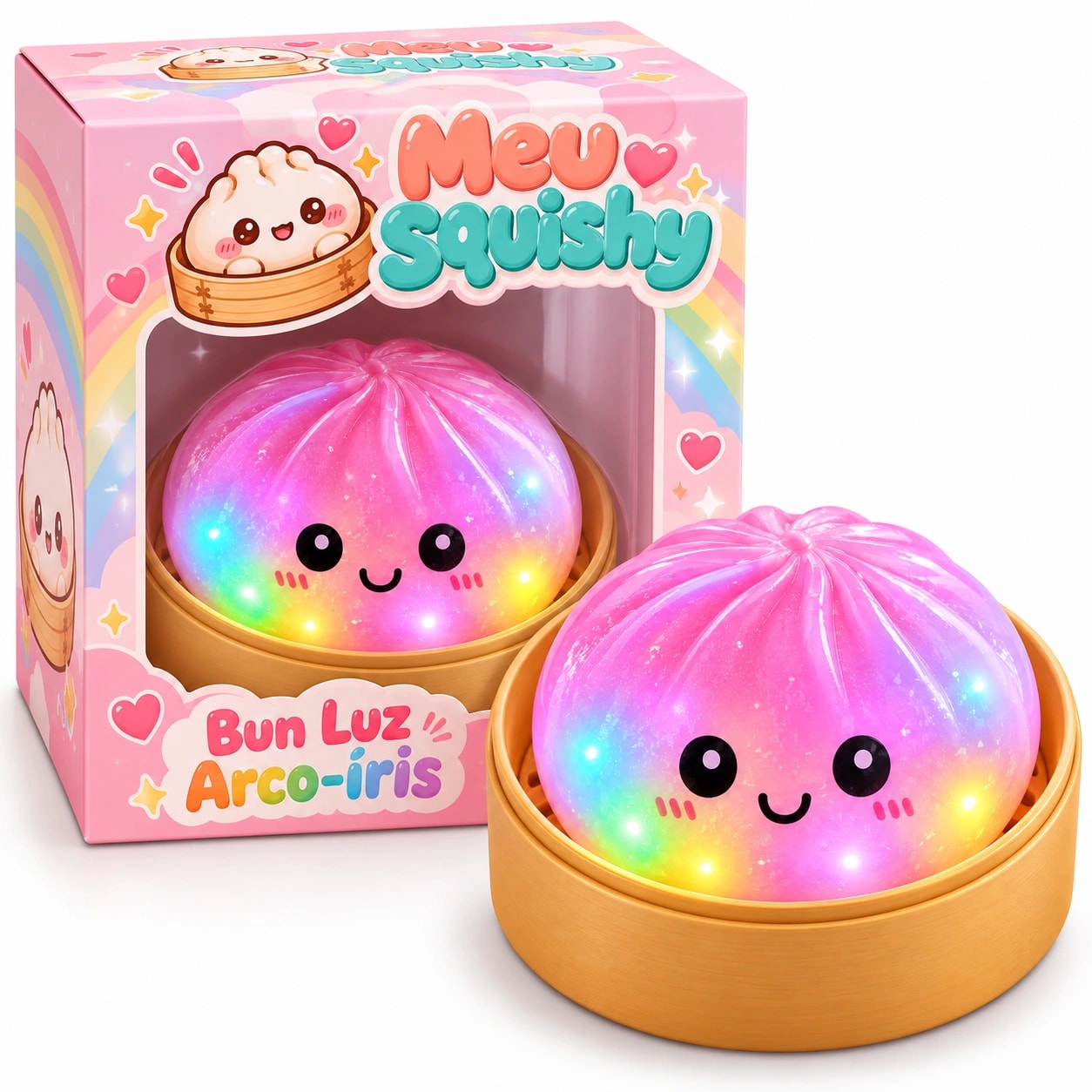 Embalagem do Squishy Bun Luz Arco-íris ao lado do bun aceso na vaporeira