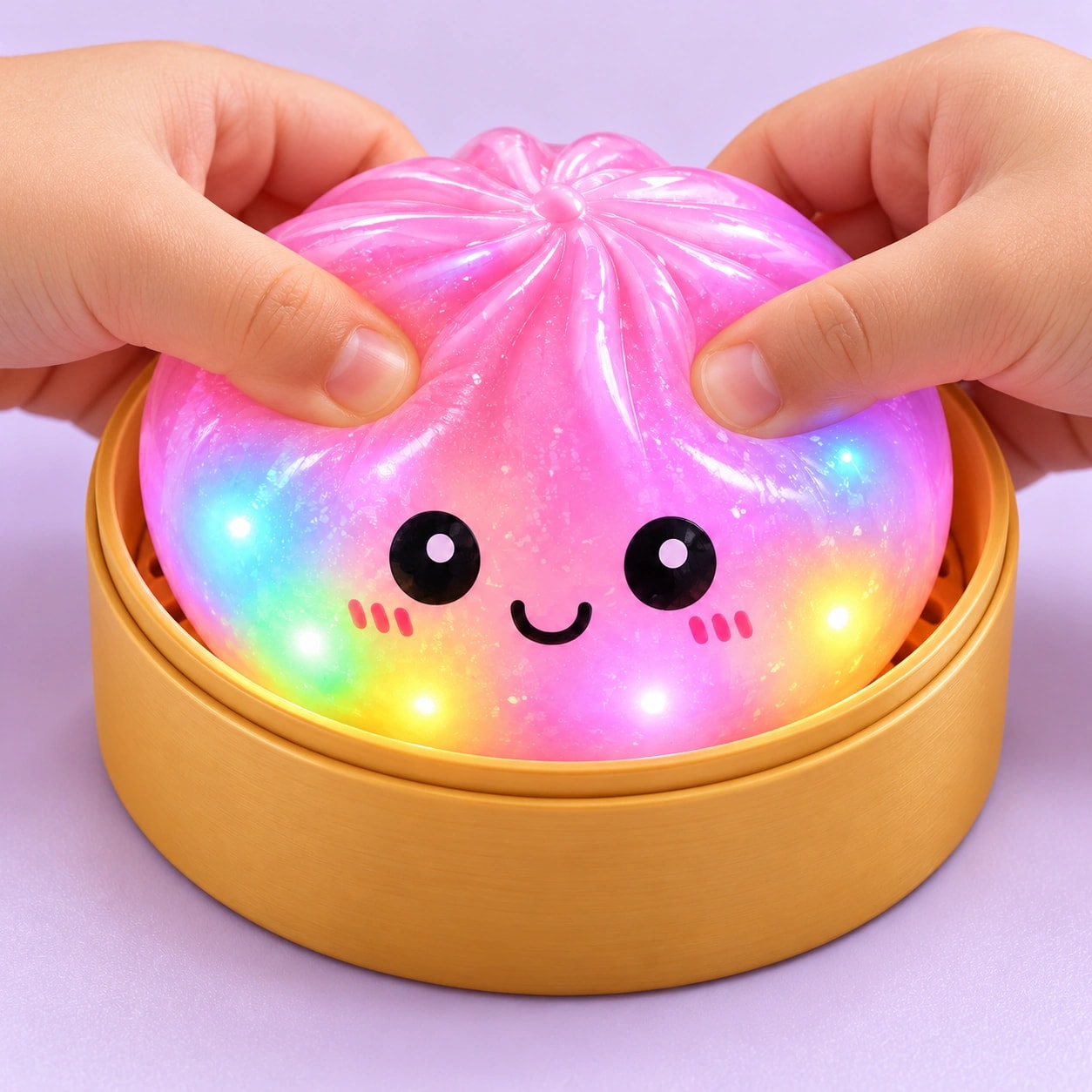 Mãos apertando o Squishy Bun Luz Arco-íris com as luzes coloridas acesas
