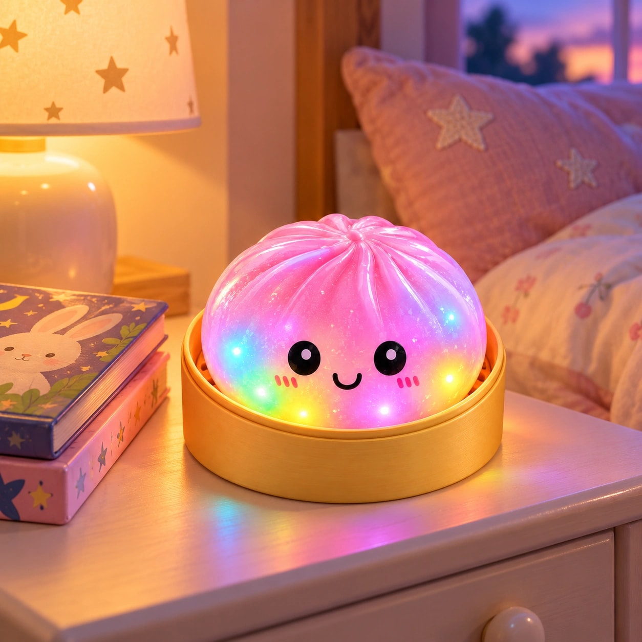 Squishy Bun Luz Arco-íris aceso na mesinha de cabeceira