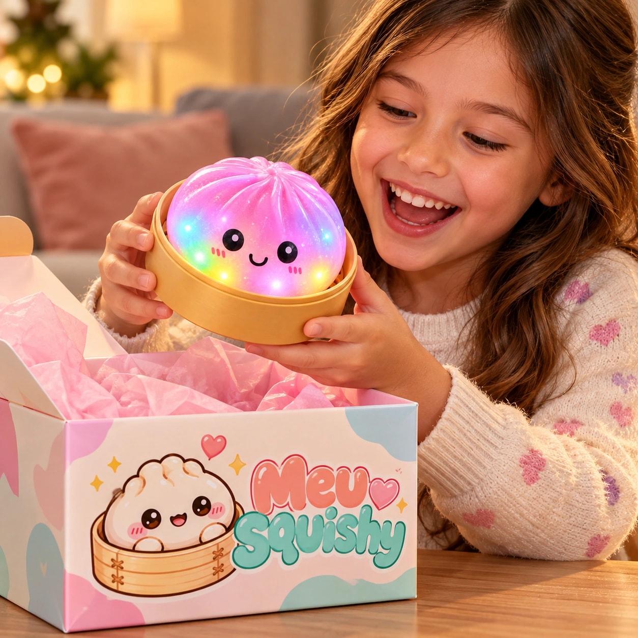 Menina tirando o Squishy Bun Luz Arco-íris de uma caixa de presente