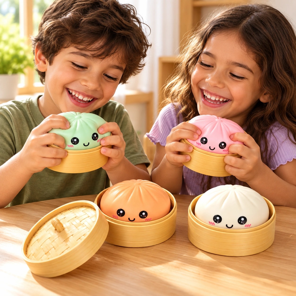 Duas crianças brincando com os buns do Kit Bun Pastel