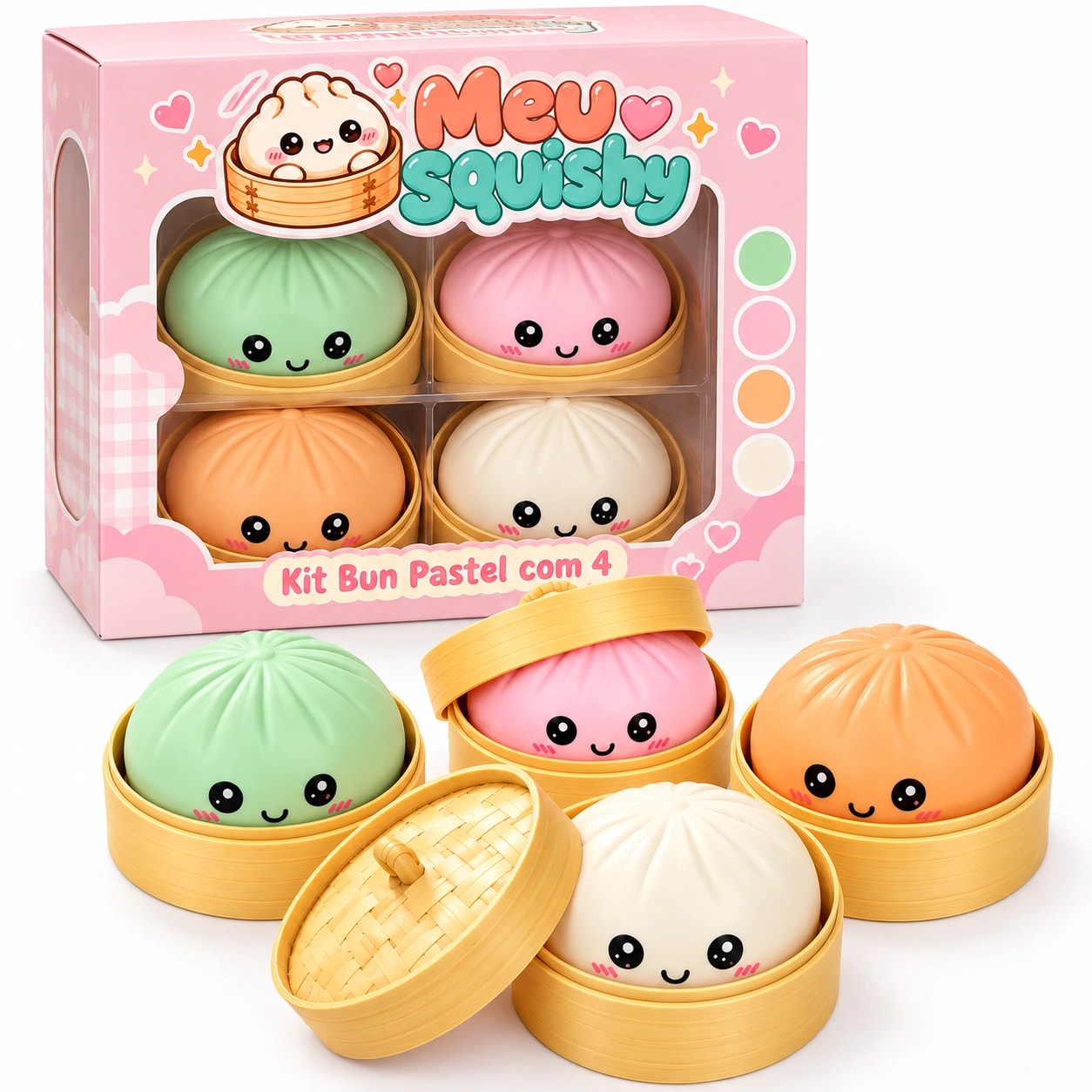 Embalagem do Kit Bun Pastel com 4 ao lado dos quatro buns nas vaporeiras