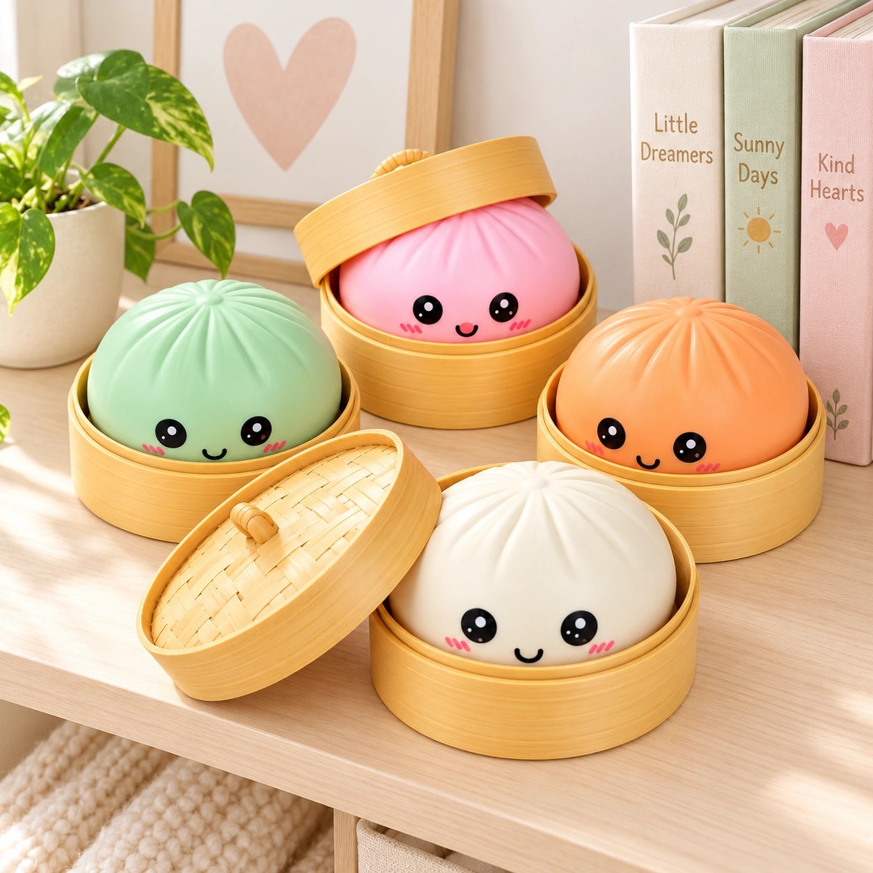Os quatro buns do Kit Bun Pastel arrumados numa estante