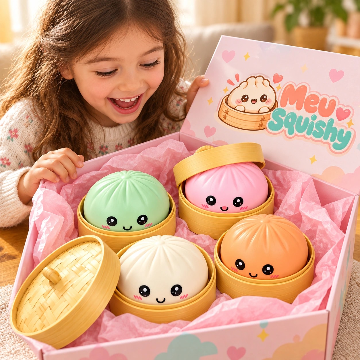 Menina abrindo uma caixa de presente com o Kit Bun Pastel