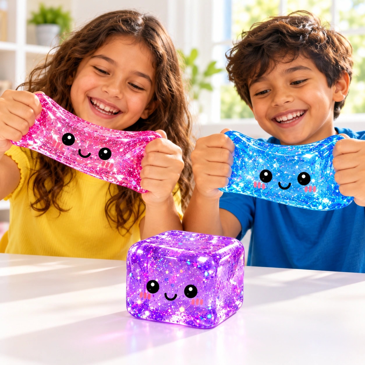 Duas crianças esticando os cubos de gel rosa e azul