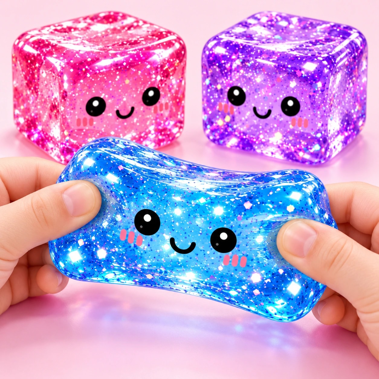 Mãos esticando o cubo de gel azul