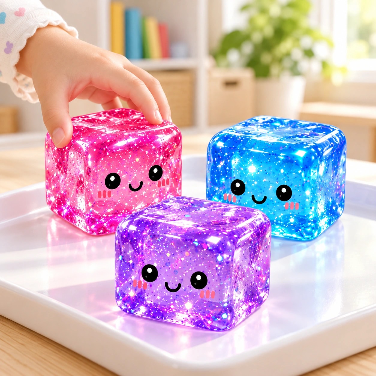 Criança brincando com os três cubos de gel numa bandeja