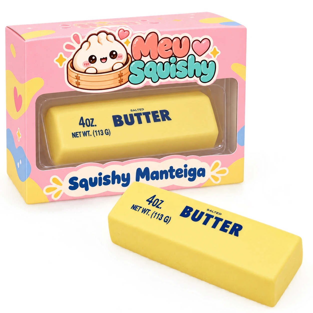 Embalagem do Squishy Manteiga ao lado do tablete