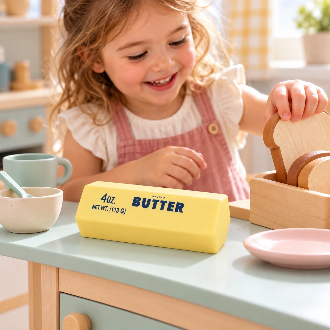 Criança brincando de cozinha com o Squishy Manteiga