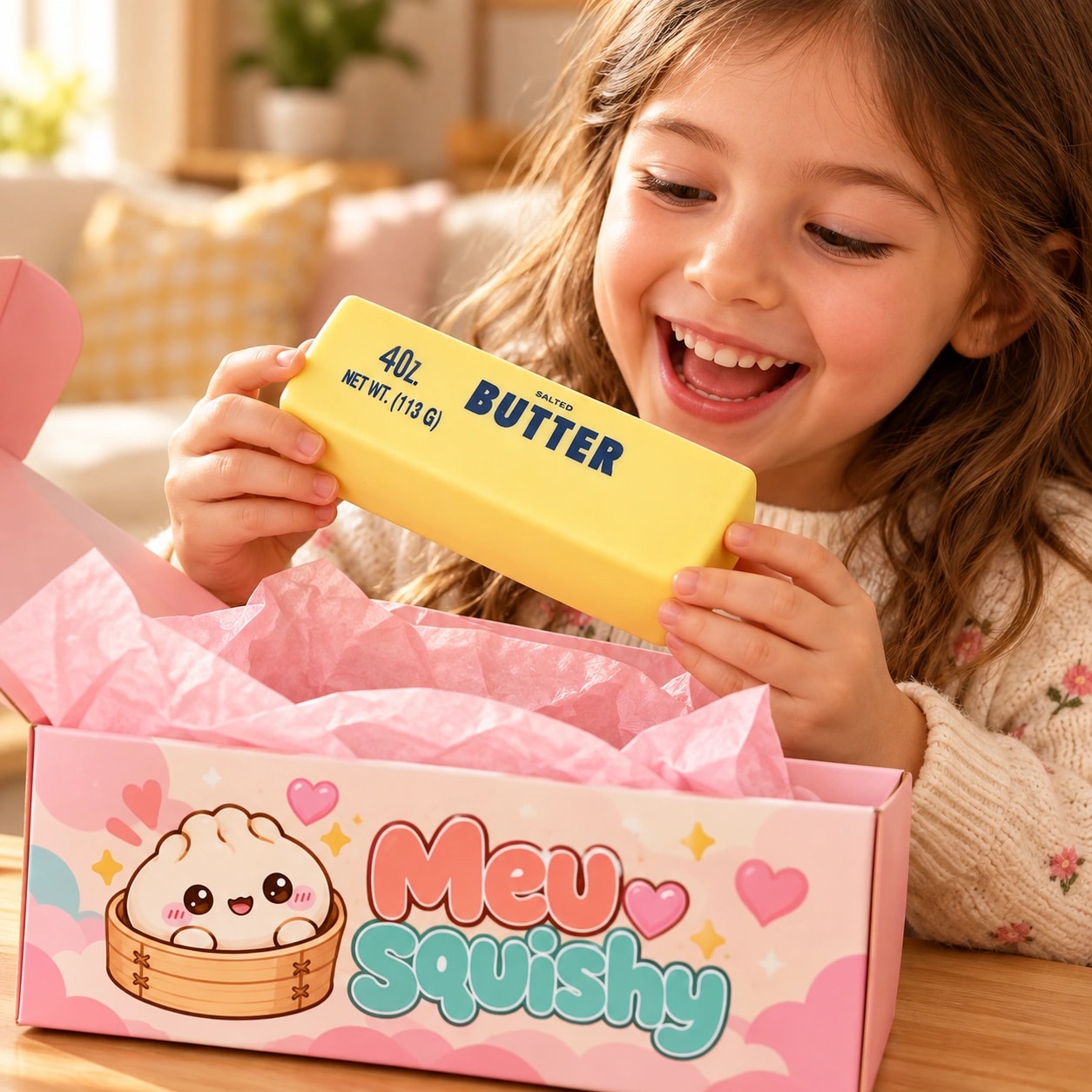 Menina tirando o Squishy Manteiga de uma caixa de presente